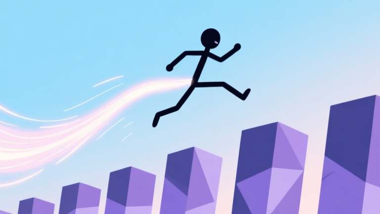 自动生成图片: A stylized side-view of a minimalist stickman character mid-jump over a series of geometric obstacles, with a glowing trail behind it, soft pastel color palette with blues and purples, dynamic action lines high quality illustration, detailed, 16:9