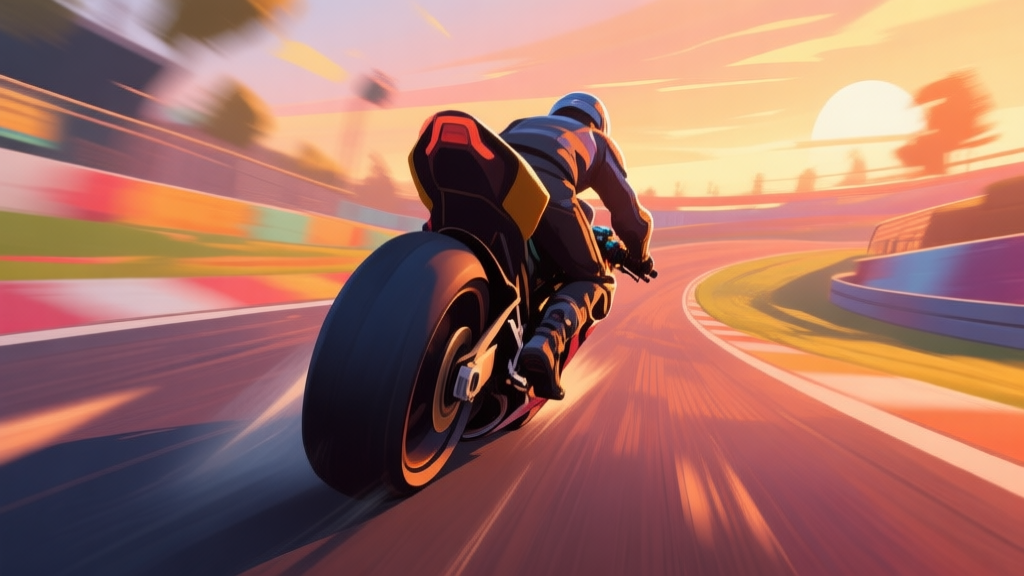 A stylized, slightly tilted view from behind a speeding motorcycle on a vibrant game track, with soft motion blur and a warm sunset color palette, focusing on the rider's control inputs high quality illustration, detailed, 16:9
