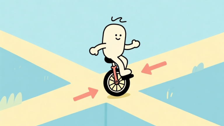 自动生成图片: A simple, playful 2D illustration of a unicycle character wobbling on a narrow path, with arrows indicating imbalance forces, in a soft pastel color palette with light blues and yellows high quality illustration, detailed, 16:9