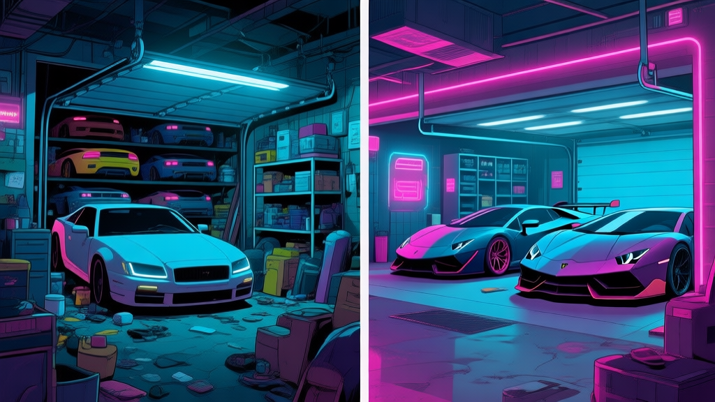 A split-screen image showing a cluttered, inefficient garage full of low-level cyber cars on one side, and a sleek, organized garage with a few high-powered, synergized vehicles on the other, in a neon-drenched cyberpunk aesthetic high quality illustration, detailed, 16:9