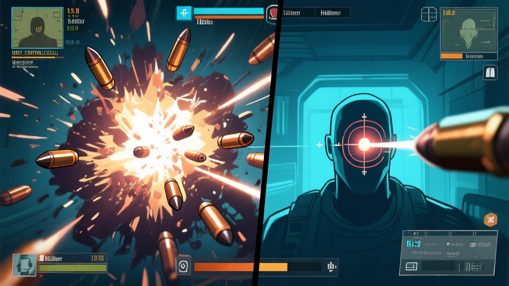 Split-screen comparison of chaotic bullet spray versus a tight, controlled recoil pattern hitting headshots in a stylized FPS game interface, using a cool-toned color scheme with highlights on the bullet trajectories high quality illustration, detailed, 16:9