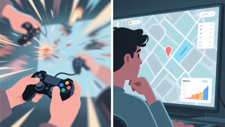 自动生成图片: Split-screen illustration contrasting two gaming styles. Left side: frantic, blurry hands on a controller with chaotic on-screen action. Right side: a calm player with a thoughtful expression, a clear strategic overlay (like a minimap or resource chart) visible on the screen. Muted color palette with soft blues and greys. high quality illustration, detailed, 16:9