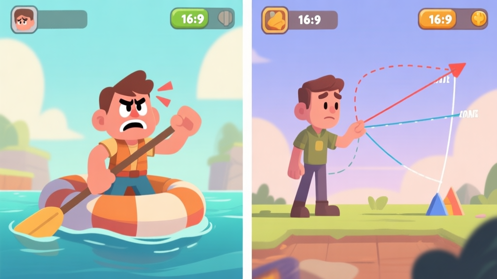 A split-screen illustration showing a frustrated cartoon character on a raft on one side, and a calm, strategic character analyzing trajectory lines and bounce angles on the other side, in a casual game art style with soft colors. high quality illustration, detailed, 16:9