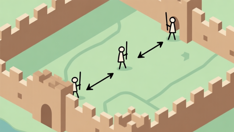 自动生成图片: A top-down minimalist map of a fortress with simple stick figure defenders on walls, arrows showing enemy pathing, soft green and brown color palette, clean lines high quality illustration, detailed, 16:9