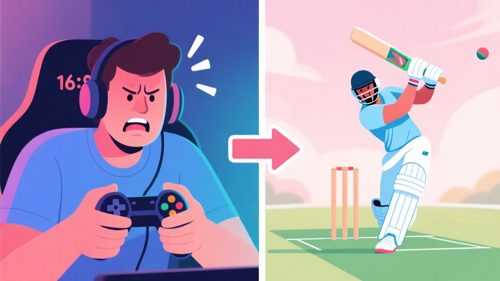 Split-screen illustration showing a frustrated gamer with a controller on the left, and a confident virtual cricket player hitting a perfect shot on the right, with a transition arrow in the middle, soft gaming aesthetic, pastel colors high quality illustration, detailed, 16:9