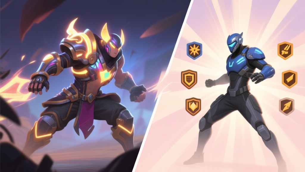 A split-screen illustration showing two contrasting game characters. Left side: a flashy, overly designed character with glowing armor but looking clumsy in battle. Right side: a sleek, practical-armored character with clear stat icons (attack, defense, agility) radiating from them, poised for action. Soft color palette. high quality illustration, detailed, 16:9