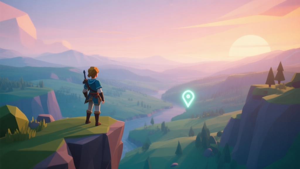 A serene, painterly landscape from a video game, showing a character standing on a cliff overlooking a vast, beautiful valley, ignoring a glowing quest marker in the distance. Soft sunset colors, low-poly art style. high quality illustration, detailed, 16:9