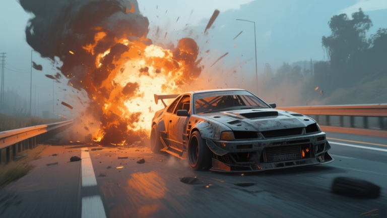 自动生成图片: A dramatic scene from a post-apocalyptic racing game, showing a heavily modified car narrowly avoiding a fiery explosion on a highway, with muted oranges, grays, and blues creating a tense atmosphere high quality illustration, detailed, 16:9