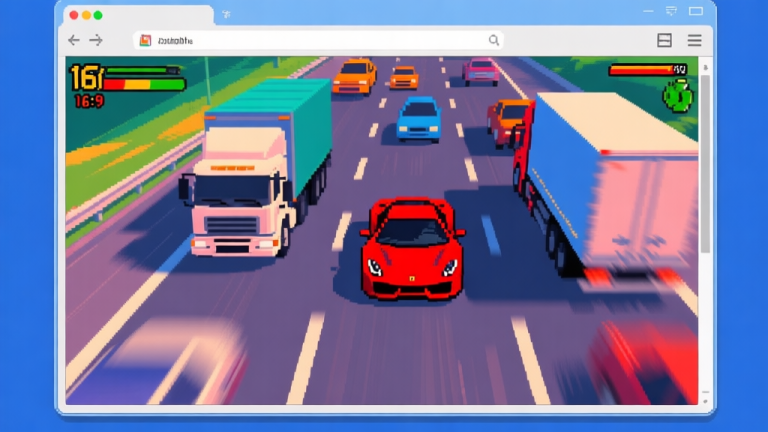 自动生成图片: Top-down view of a pixelated red sports car weaving between trucks and cars on a multi-lane highway, dynamic motion blur effect, vibrant arcade-style colors, browser window frame around the game scene high quality illustration, detailed, 16:9