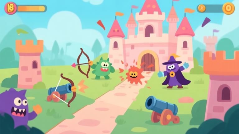 自动生成图片: A vibrant but soft-colored game scene showing a cute castle under attack from cartoon monsters, with various distinct towers (archer, mage, cannon) placed strategically along a path, flat design style high quality illustration, detailed, 16:9