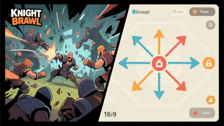 自动生成图片: A split-screen image showing a chaotic Knight Brawl team fight on one side, and a clean, organized strategic overlay with arrows and icons on the other, in a muted color palette high quality illustration, detailed, 16:9