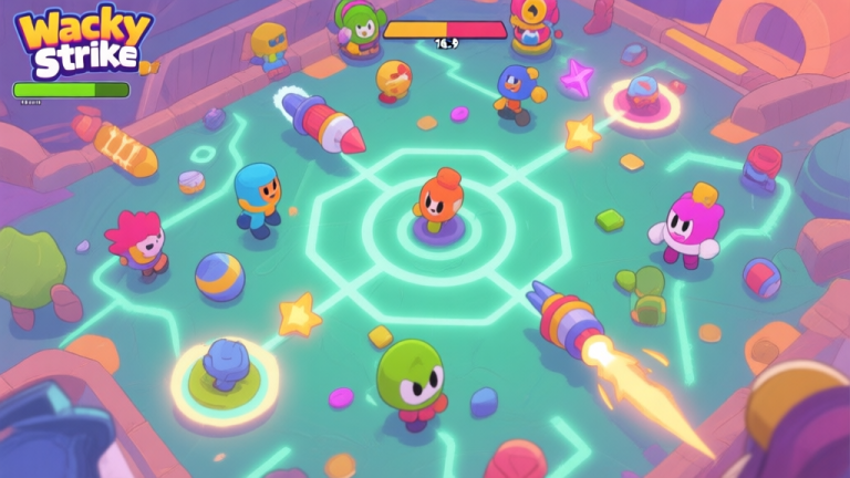 自动生成图片: A vibrant, slightly chaotic top-down view of a Wacky Strike match, with colorful characters, projectiles, and power-ups scattered, but with subtle glowing lines connecting key elements to show underlying order, cartoon style, soft colors high quality illustration, detailed, 16:9
