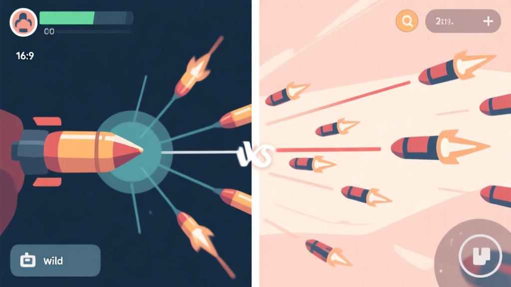 Split-screen game illustration showing controlled bullet spread on left vs wild, unpredictable bullet tracers on right, soft color palette, minimalist UI elements high quality illustration, detailed, 16:9