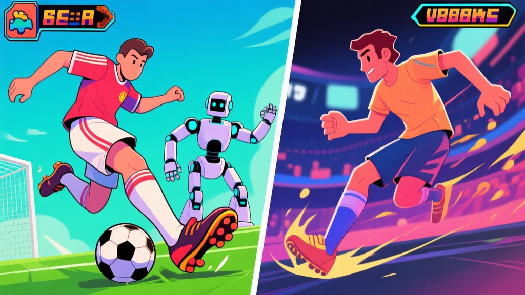 Side-by-side comparison of a video game soccer player dribbling past a robotic opponent versus a human-like opponent, dynamic action shot, stylized arcade graphics, vibrant colors, highlighting player footwork high quality illustration, detailed, 16:9