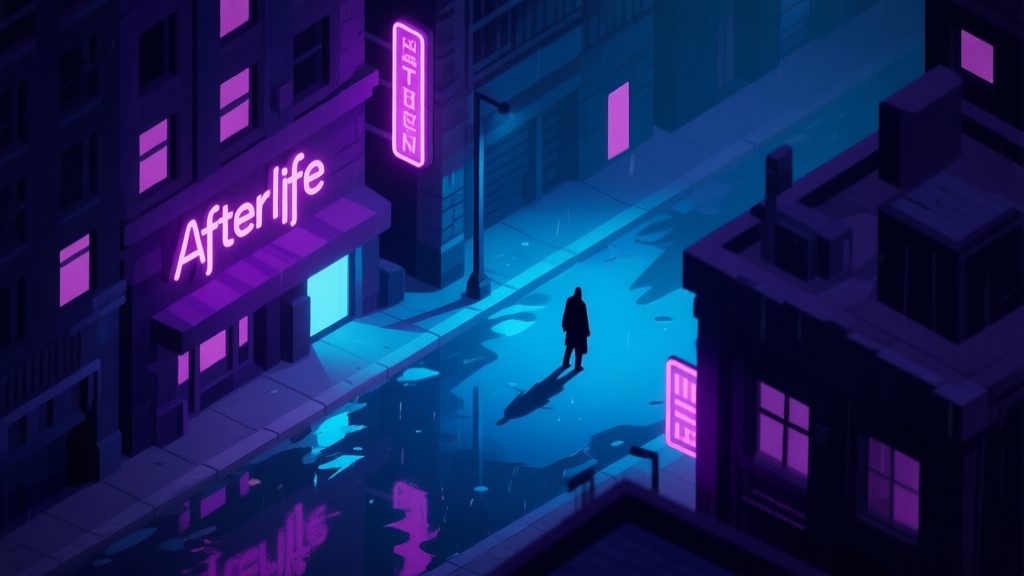 A moody, atmospheric isometric view of a dark cityscape from Afterlife the Game, with neon signs reflecting on wet pavement, soft blues and deep purples dominating the color palette, a lone shadowy figure visible in the distance high quality illustration, detailed, 16:9