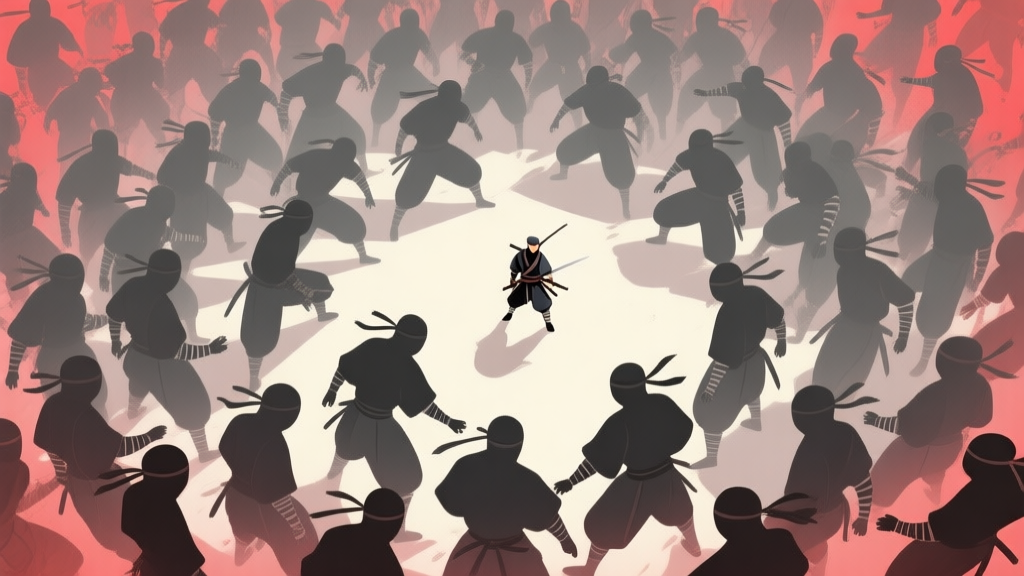 A chaotic game scene viewed from a top-down perspective, showing a single player character surrounded by a overwhelming crowd of identical ninja silhouettes, visual clutter, soft muted colors of grey and red, conveying confusion and overwhelm high quality illustration, detailed, 16:9