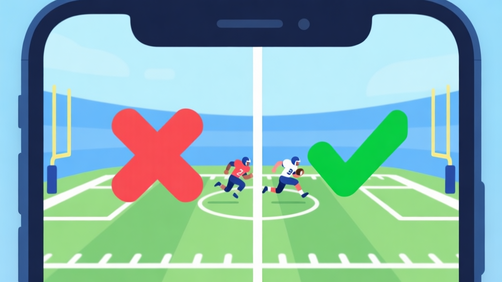 A split-screen mobile game interface showing a failed passing play on one side (red X) and a successful running play on the other side (green checkmark), with simple football field graphics in a flat design style, soft blue and green color palette high quality illustration, detailed, 16:9