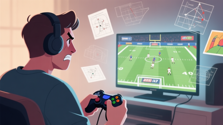 自动生成图片: A frustrated gamer looking at a football game over screen, controller in hand, with strategic diagrams and play art floating in the background, muted colors, soft lighting high quality illustration, detailed, 16:9