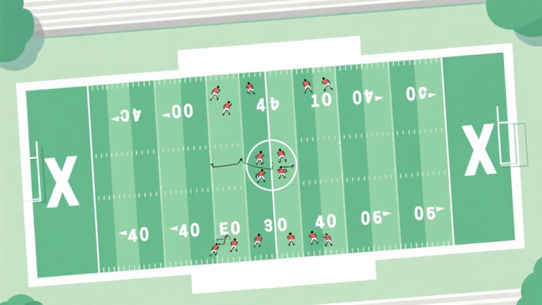 自动生成图片: A top-down schematic view of a football field near the endzone, with X and O player icons in offensive and defensive formations, soft green and white color scheme, clean lines high quality illustration, detailed, 16:9