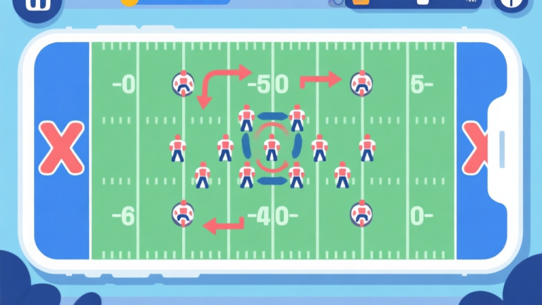 自动生成图片: A top-down strategic view of an American football field in a mobile game style, with X and O player icons positioned in an I-Formation, arrows showing potential running routes and defensive coverage zones, in a clean and minimalist flat design with soft blues and greens high quality illustration, detailed, 16:9