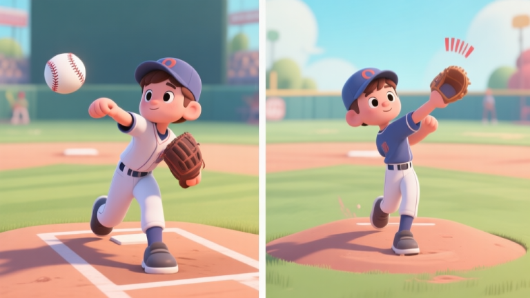 自动生成图片: Side-by-side comparison illustration of a young pitcher in a video game. Left side shows poor posture and late release with a baseball being hit for a home run. Right side shows correct posture and optimal release point with a strikeout. Soft color palette, cartoonish video game style. high quality illustration, detailed, 16:9
