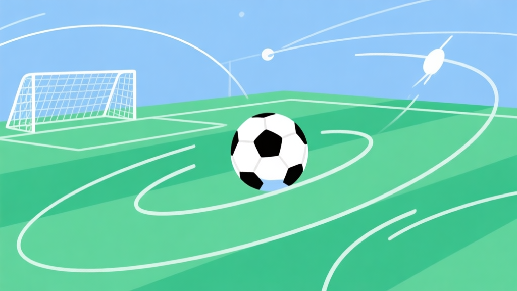 A stylized, minimalist illustration of a soccer ball on a green field with multiple curved trajectory lines arcing around it, some hitting a goal net, others veering off into space. Soft blue and green color palette, clean lines, no characters. high quality illustration, detailed, 16:9