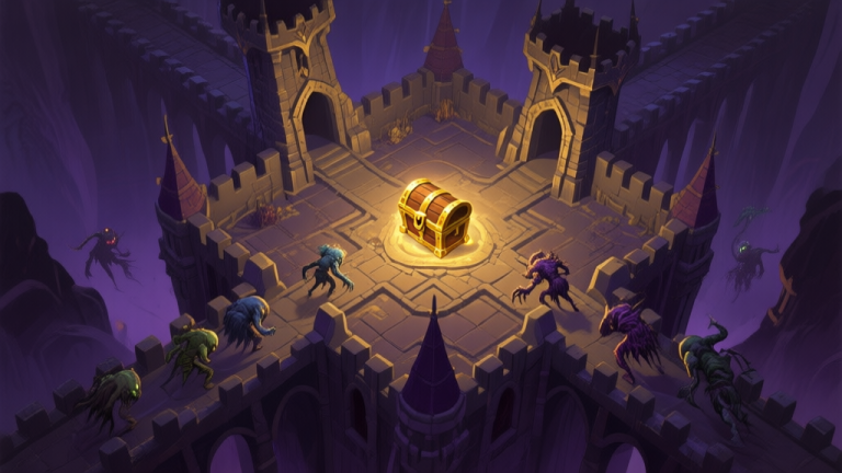 自动生成图片: A dark fantasy game scene showing a new, intricate tower defense map from a top-down perspective, with unfamiliar enemy types approaching, glowing treasure chest in the center, muted gold and dark purple color scheme high quality illustration, detailed, 16:9