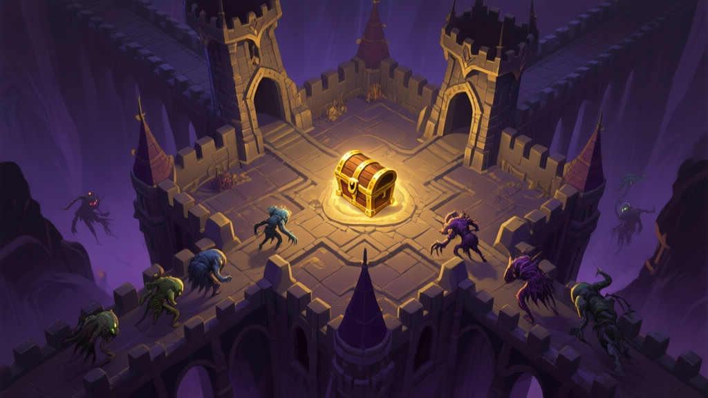 A dark fantasy game scene showing a new, intricate tower defense map from a top-down perspective, with unfamiliar enemy types approaching, glowing treasure chest in the center, muted gold and dark purple color scheme high quality illustration, detailed, 16:9