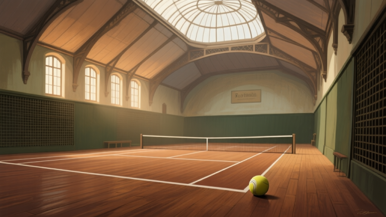 自动生成图片: A detailed, atmospheric illustration of a Real Tennis court interior, showcasing the unique architectural features like the penthouse roof, the tambour (sloping wall), and the grille. Soft lighting from high windows, warm wooden tones, a single ball resting on the floor. Style: realistic painting with a touch of historical ambiance. high quality illustration, detailed, 16:9