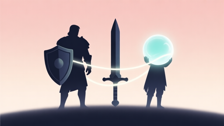 自动生成图片: A minimalist illustration showing three distinct silhouettes (a sturdy shield, a sharp sword, and a glowing orb) standing together, connected by soft light threads, on a soft gradient background high quality illustration, detailed, 16:9