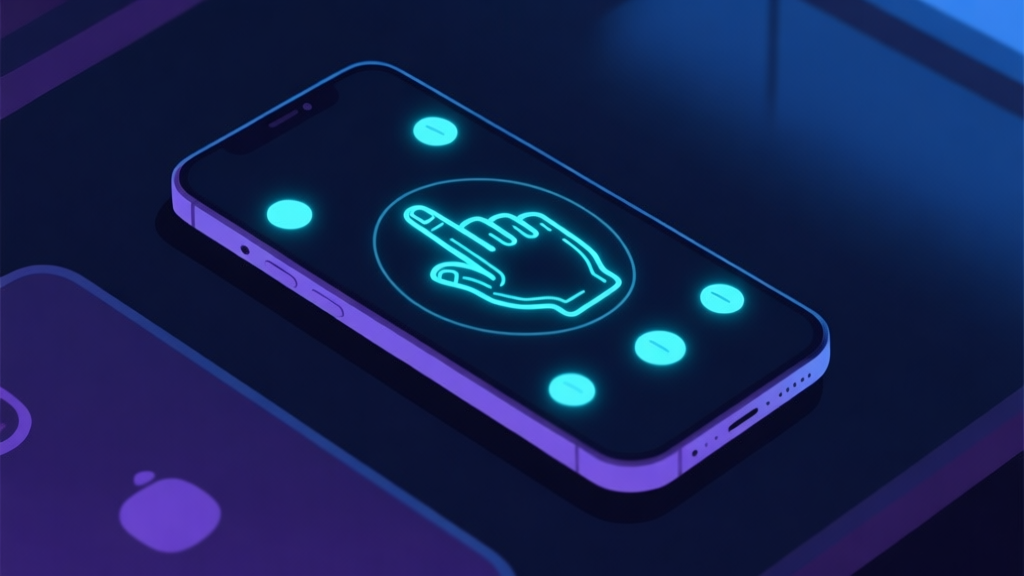 A top-down view of a smartphone with glowing touch indicators showing complex finger placement patterns, in a dark themed setup with soft blue and purple accents, minimalist style high quality illustration, detailed, 16:9