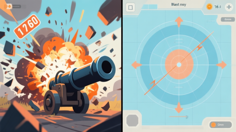 自动生成图片: A split-screen game illustration showing a chaotic cannon blast explosion on one side with flying debris and damage numbers, and a calm, tactical schematic view of blast radius and vectors on the other side, using a soft color palette of blues, oranges, and greys high quality illustration, detailed, 16:9