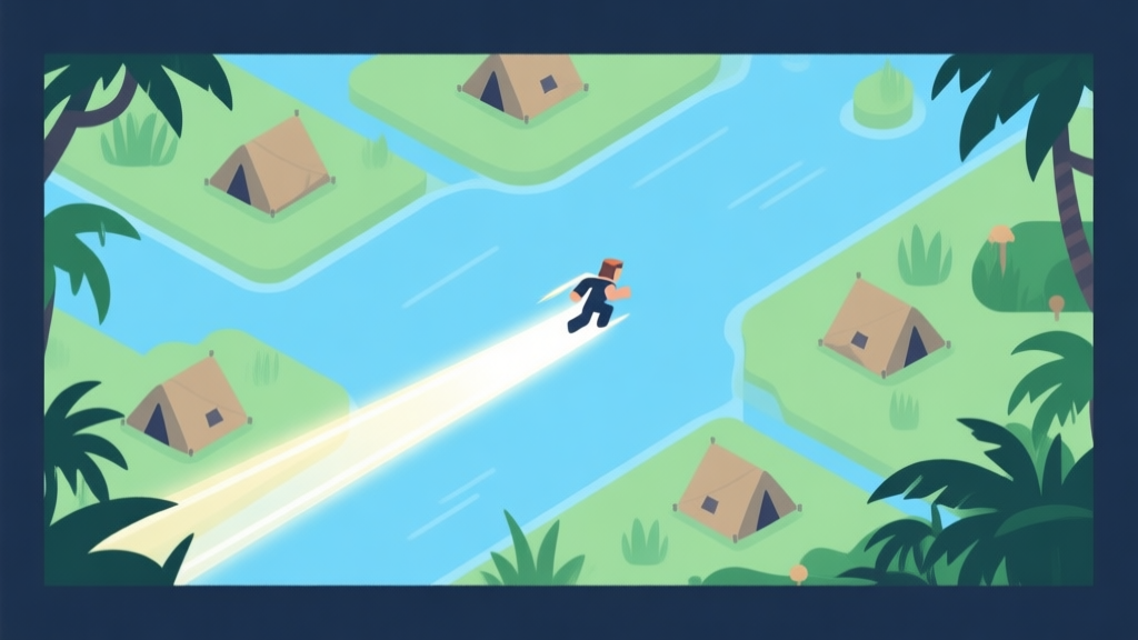 A minimalist game map overview with a fast-moving character icon leaving a trail of light, connecting jungle camps and lanes, soft blue and green color scheme, flat design high quality illustration, detailed, 16:9