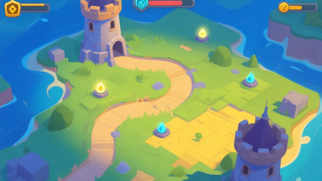 A top-down view of a vibrant, stylized game map in a tower defense game, showing a winding path surrounded by unconstructed land. A few resource nodes glow softly. Soft, strategic color palette of blues, greens, and yellows. high quality illustration, detailed, 16:9