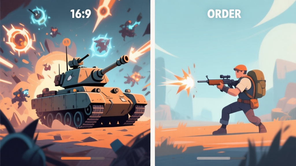 A split-screen game scene showing chaos on one side with a tank character surrounded by enemy skills, and order on the other side with a ranged carry safely dealing damage, in a soft color palette with muted blues and oranges high quality illustration, detailed, 16:9