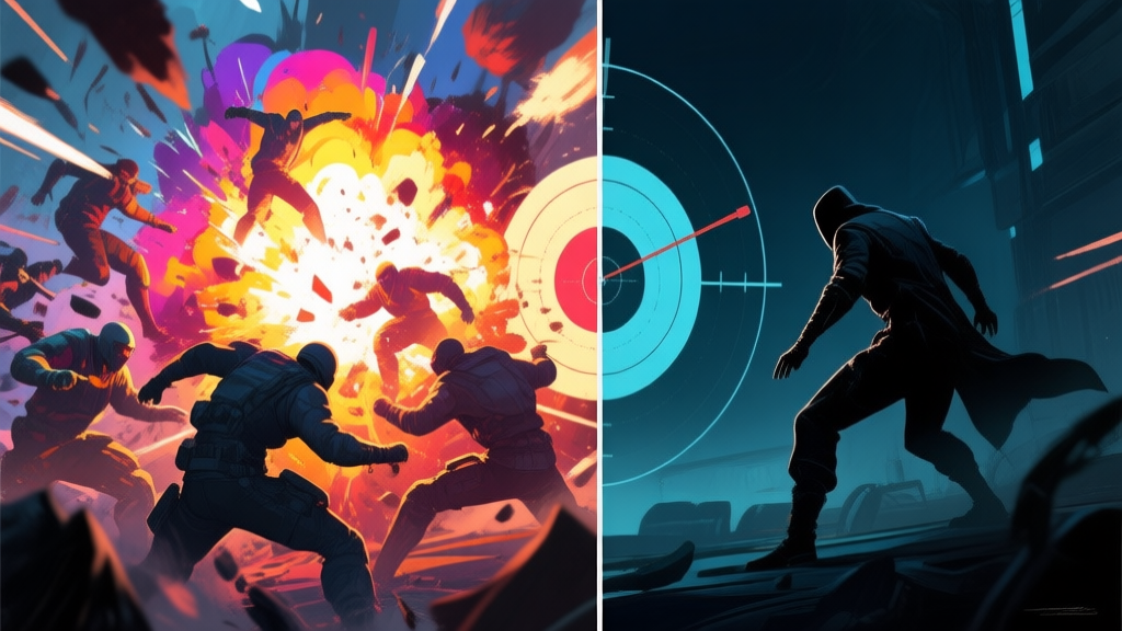 A split-screen concept art showing a chaotic team fight on one side (bright colors, explosions) and a single stealthy character capturing a major objective on the other side (dark, calm colors), illustrating the core idea of distraction high quality illustration, detailed, 16:9