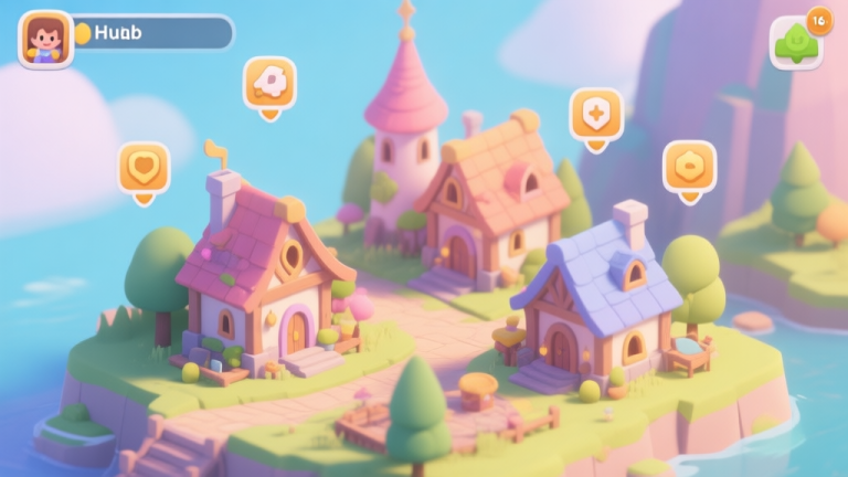 自动生成图片: A welcoming, isometric view of a vibrant and cozy fantasy village hub in a mobile game, with clear icons floating above key buildings, soft pastel color palette, daytime lighting high quality illustration, detailed, 16:9