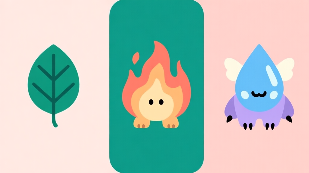 A split-screen illustration showing three distinct magical creatures on a soft pastel background, each with a simple icon representing their core element: leaf, flame, and water droplet, minimalist flat design high quality illustration, detailed, 16:9