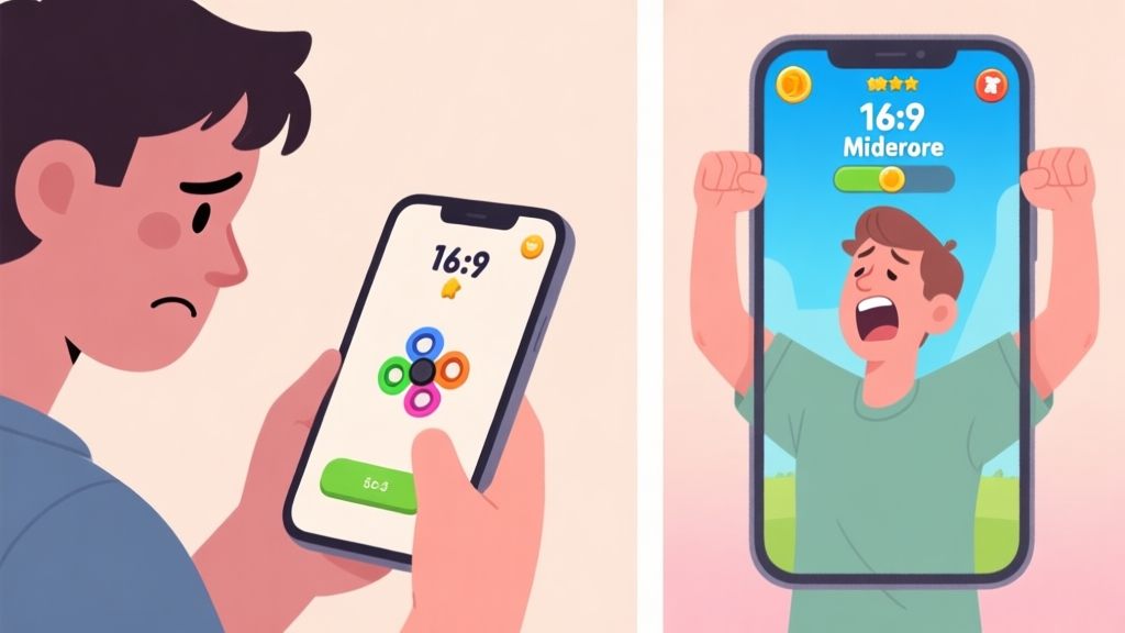 A frustrated person looking at a mobile phone screen showing a fidget spinner game with a mediocre score, contrasted with a second image showing a triumphant person with a much higher score on the screen, in a casual illustration style with soft colors high quality illustration, detailed, 16:9
