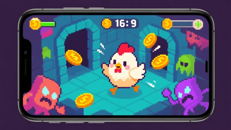 自动生成图片: A stylized, addictive mobile game screen showing a cute chicken character in a simple pixel art dungeon, vibrant colors, dynamic action with coins and enemies, clean UI with a score counter, soft glow effects, top-down perspective high quality illustration, detailed, 16:9