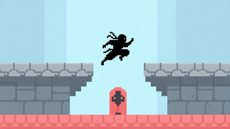 自动生成图片: A minimalist side-scrolling game scene in soft blues and greys, featuring a tiny ninja silhouette mid-air between two pixelated platforms, with a single enemy guard highlighted in soft red below, flat design style high quality illustration, detailed, 16:9