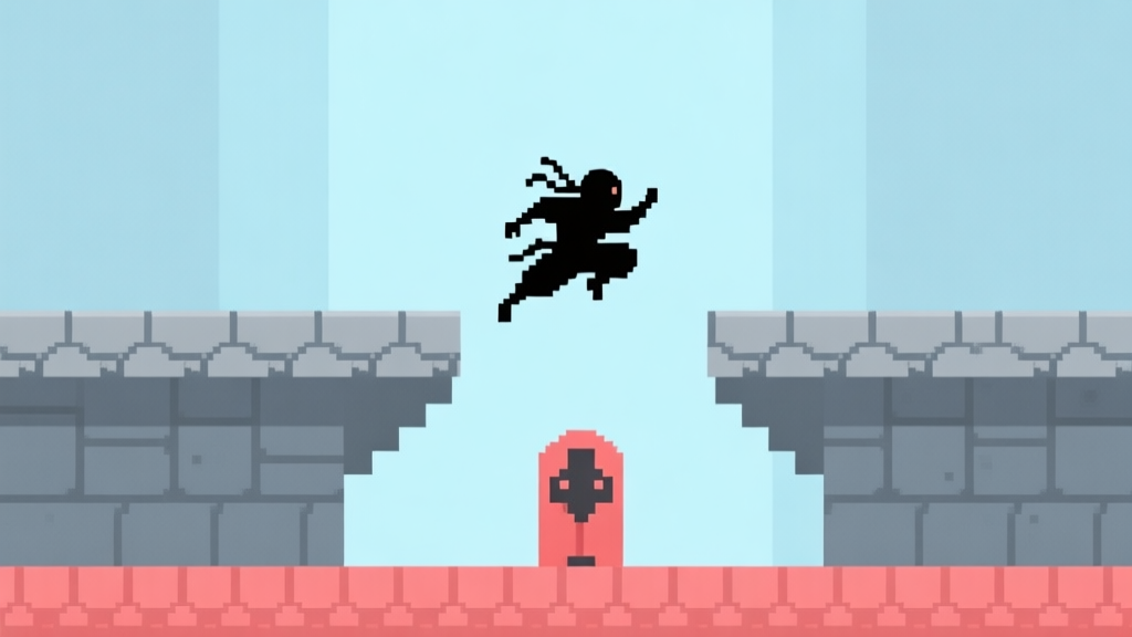 A minimalist side-scrolling game scene in soft blues and greys, featuring a tiny ninja silhouette mid-air between two pixelated platforms, with a single enemy guard highlighted in soft red below, flat design style high quality illustration, detailed, 16:9