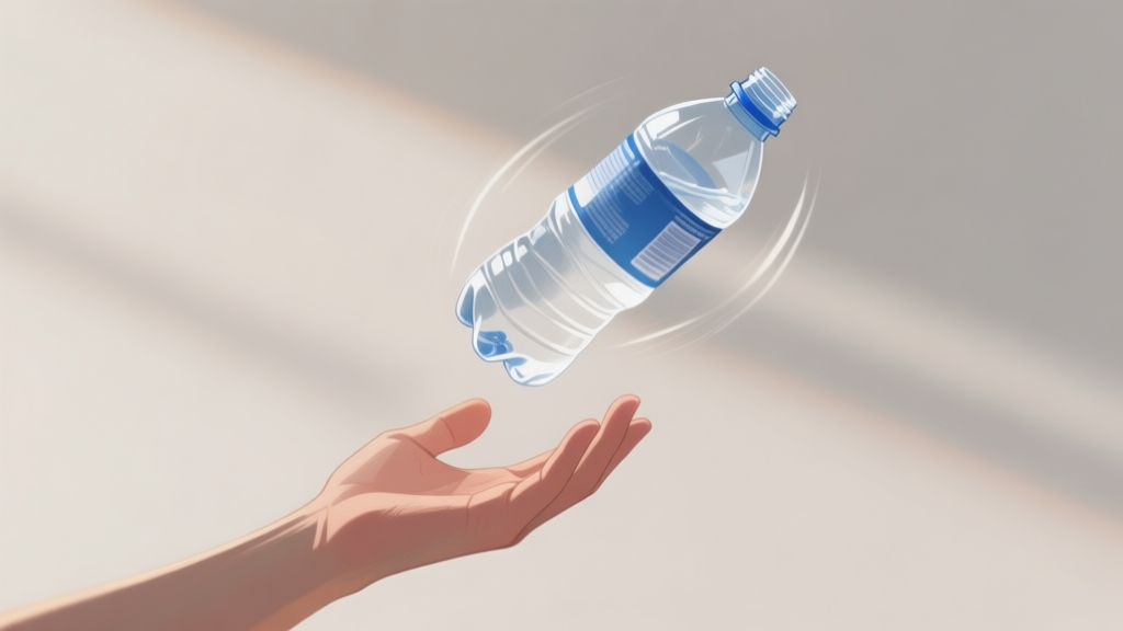 A hand releasing a plastic water bottle mid-flip against a clean, neutral background, with subtle motion blur lines, soft lighting, and a focus on the bottle's rotation high quality illustration, detailed, 16:9