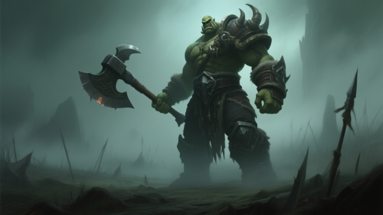 自动生成图片: A towering, intimidating boss character in a dark fantasy game setting, wielding a massive axe, standing in a foggy, desolate battlefield, muted dark green and grey color palette, atmospheric lighting high quality illustration, detailed, 16:9