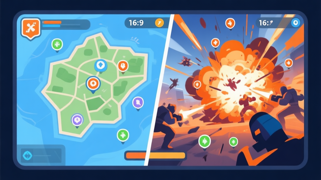 Split-screen gaming scene, left side shows calm strategic planning with a map and icons, right side erupts into chaotic combat with explosions and multiple enemy indicators, soft color palette with contrasting blues and oranges high quality illustration, detailed, 16:9