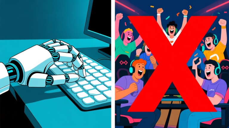 自动生成图片: A split-screen illustration showing a robotic hand typing on a keyboard on one side, and a group of diverse gamers celebrating a victory on the other, with a clear red "X" over the robotic side high quality illustration, detailed, 16:9