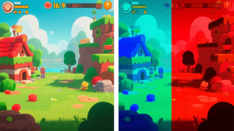自动生成图片: Side-by-side comparison of a popular game scene, left side showing standard color rendering with subtle red and green elements, right side applying a colorblind filter enhancing contrast and differentiating key elements, visual aid style high quality illustration, detailed, 16:9