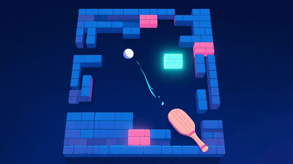 A dynamic, top-down view of a brick breaker game in progress, showing a ball leaving a subtle trail, a paddle at the bottom, and a complex brick layout with one special glowing brick. Soft neon colors on a dark blue background, digital art style. high quality illustration, detailed, 16:9