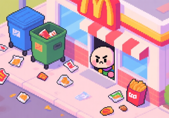 自动生成图片: A stylized, top-down view of a colorful dumpster area behind a pixel-art fast food restaurant, showing scattered food wrappers and a cute, determined character peeking out, in a soft pastel color palette high quality illustration, detailed, 16:9