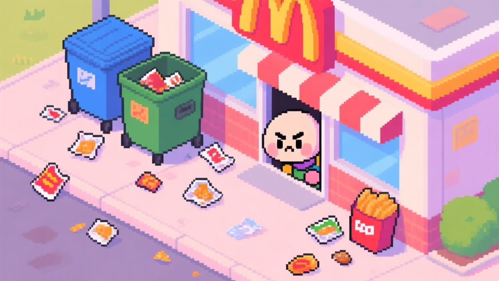A stylized, top-down view of a colorful dumpster area behind a pixel-art fast food restaurant, showing scattered food wrappers and a cute, determined character peeking out, in a soft pastel color palette high quality illustration, detailed, 16:9